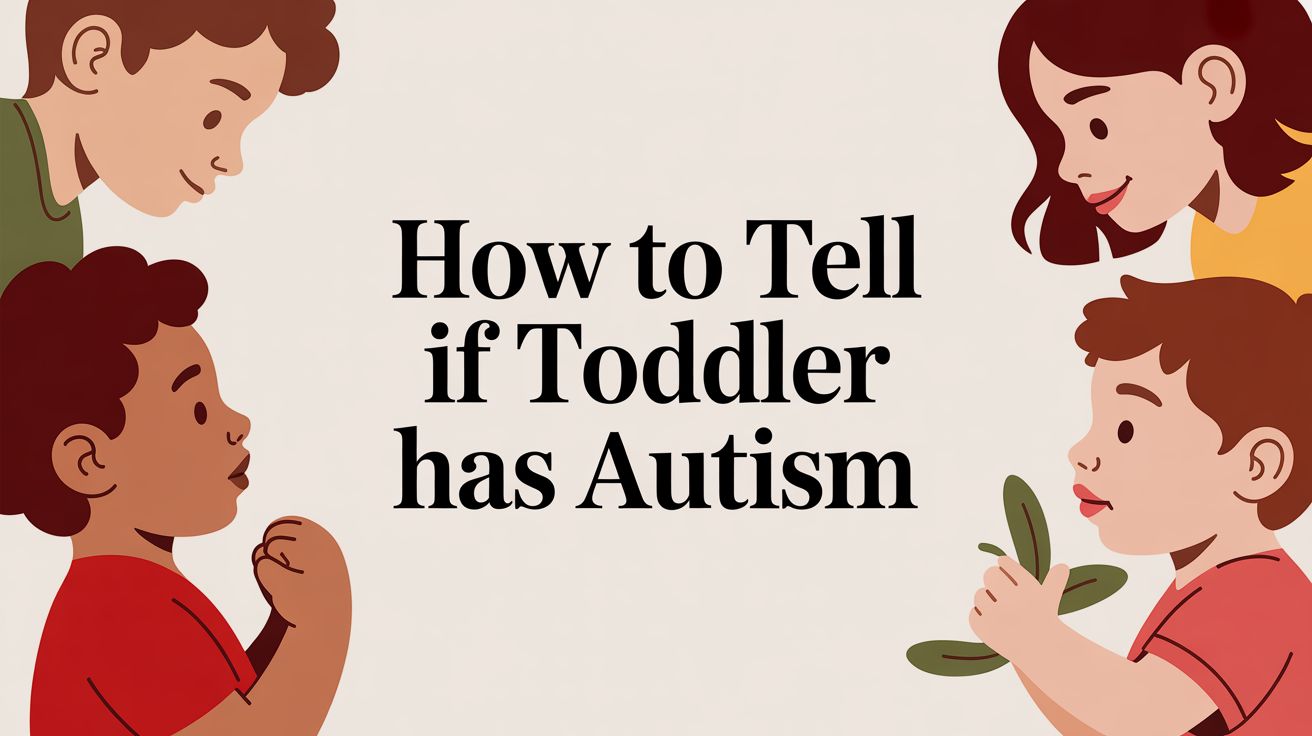 Colorful illustration of several children around a central beige space with the headline 'How to Tell if Toddler has Autism' in bold black text.