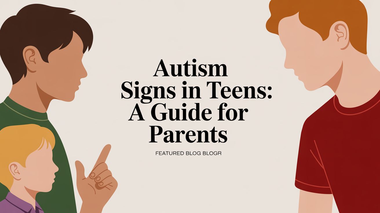 Informative header image about autism signs in teens for parents; includes stylized figures of teens on sides and the title in the center.