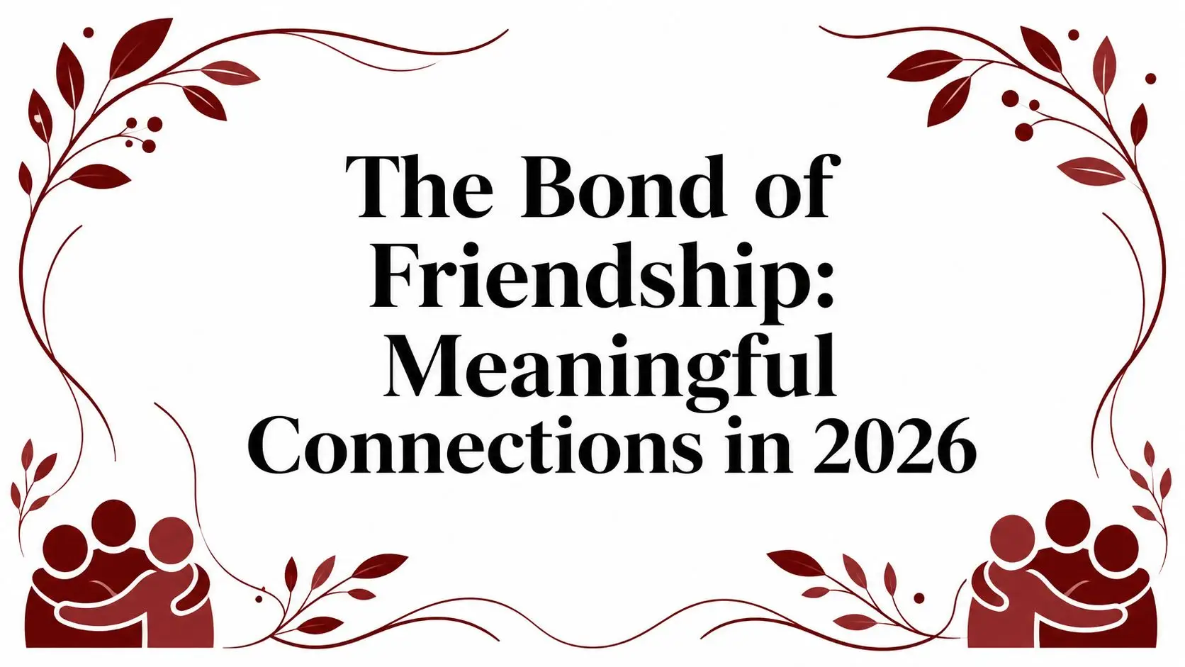 Event banner: 'The Bond of Friendship: Meaningful Connections in 2026' centered with a red botanical border and hugging figures at the corners.