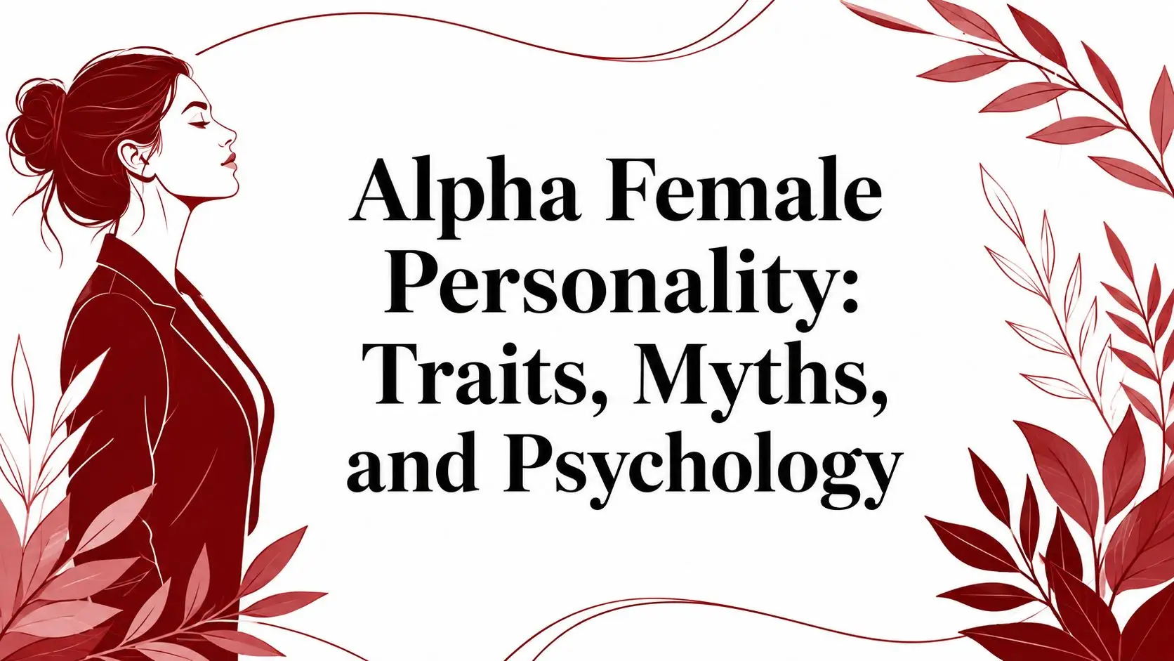 Stylized burgundy illustration of a woman facing left with foliage on the sides, featuring the title 'Alpha Female Personality: Traits, Myths, and Psychology' in the center.