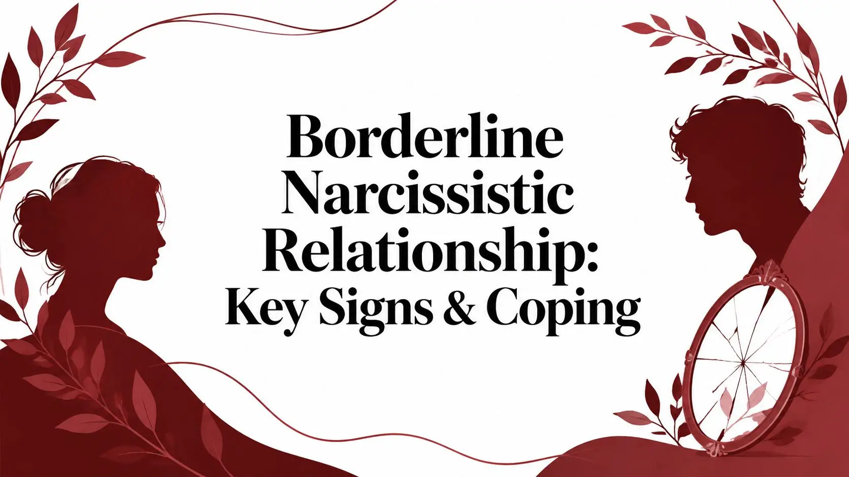 Header card: 'Borderline Narcissistic Relationship: Key Signs & Coping' with red silhouettes of a man and a woman and decorative vines on white background.