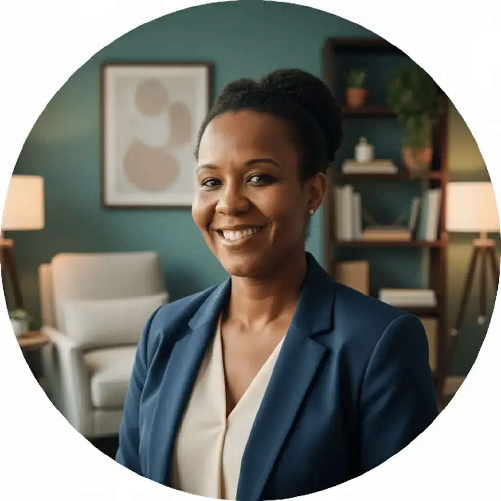 Faithwebp | Sachs Center | Sachs Center Smiling woman in a blue blazer in a modern office setting with bookshelves in the background