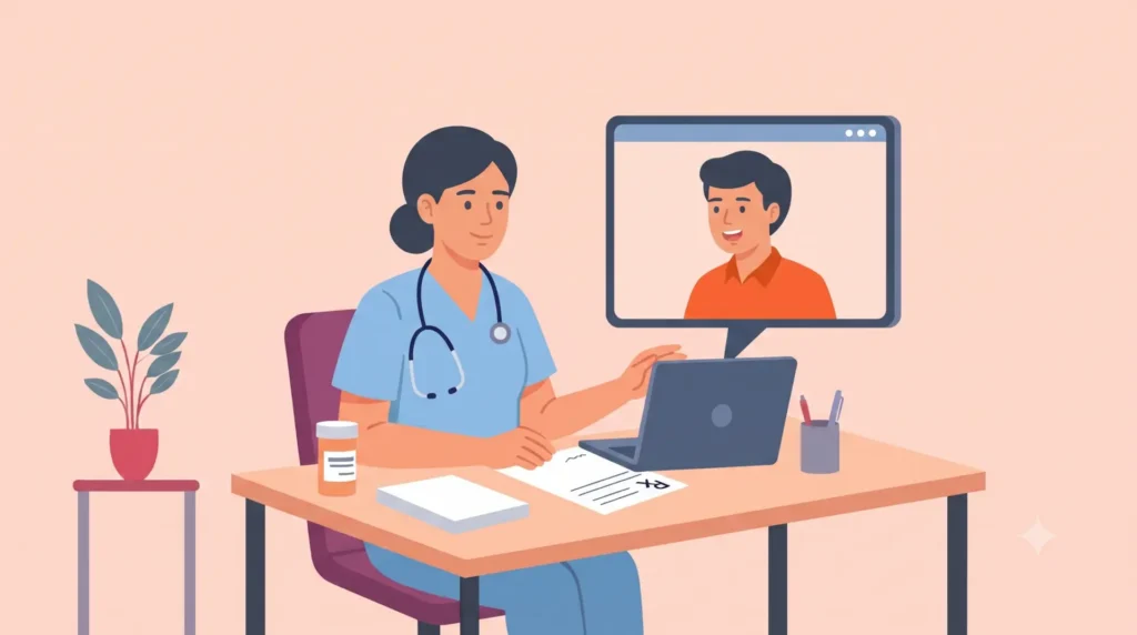 Healthcare professional in blue scrubs sits at a desk using a laptop while a video call shows a patient on a monitor nearby