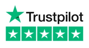 Trustpilot logo a green star icon with the word Trustpilot and five green rating tiles featuring white stars
