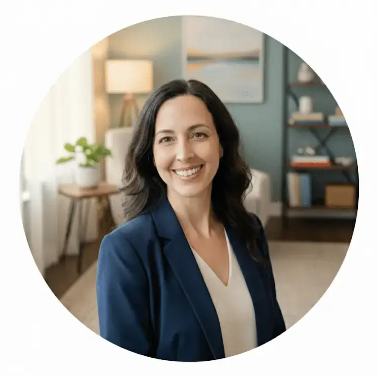 morgan11webp | Sachs Center | Sachs Center Professional headshot smiling woman in a navy blazer in a bright cozy office setting