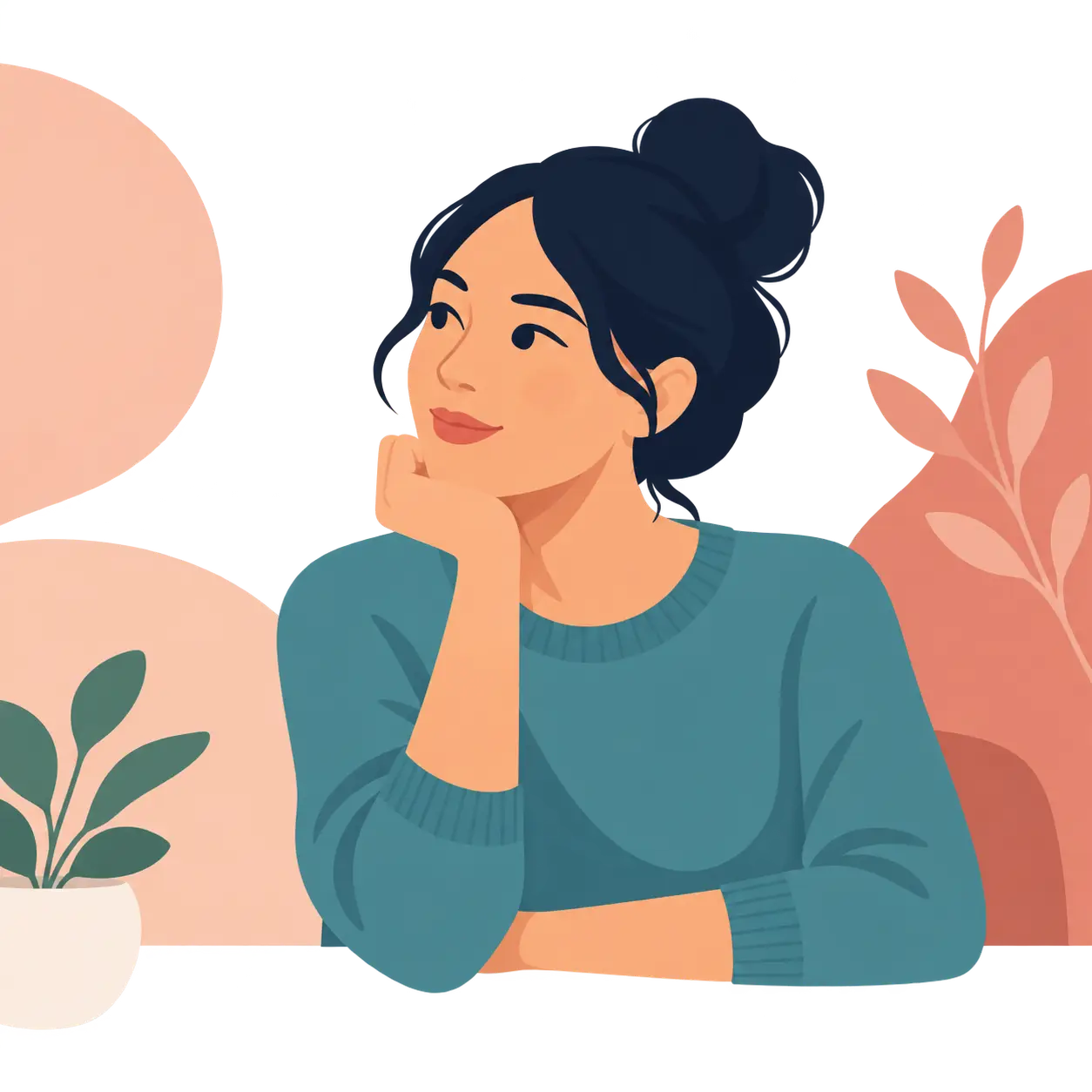 Illustration of a thoughtful woman with dark hair in a bun resting her chin on her hand among pastel plants