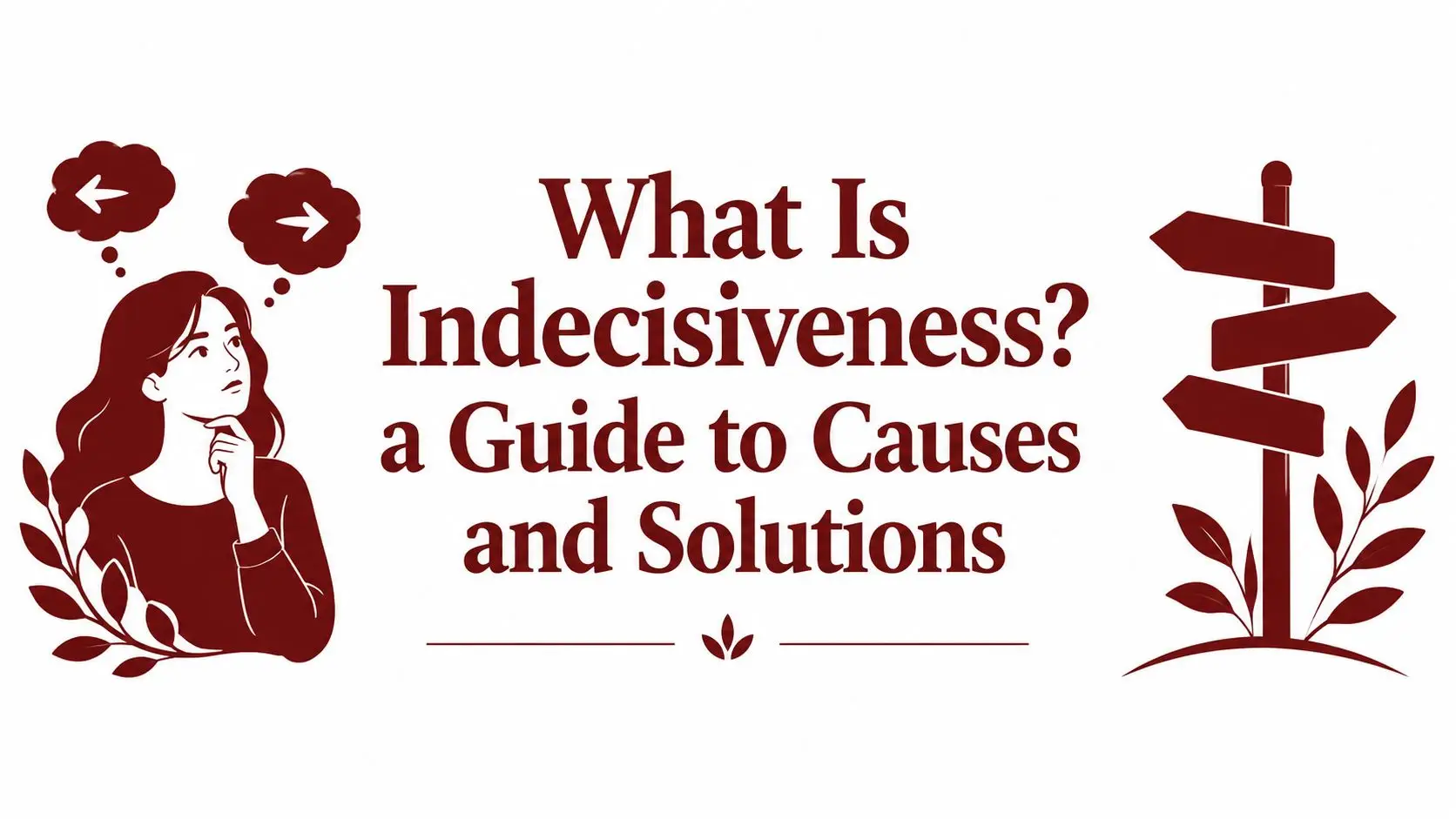 Header graphic with a thoughtful woman on the left, a three-signpost on the right, and the title 'What Is Indecisiveness? A Guide to Causes and Solutions' in the center.