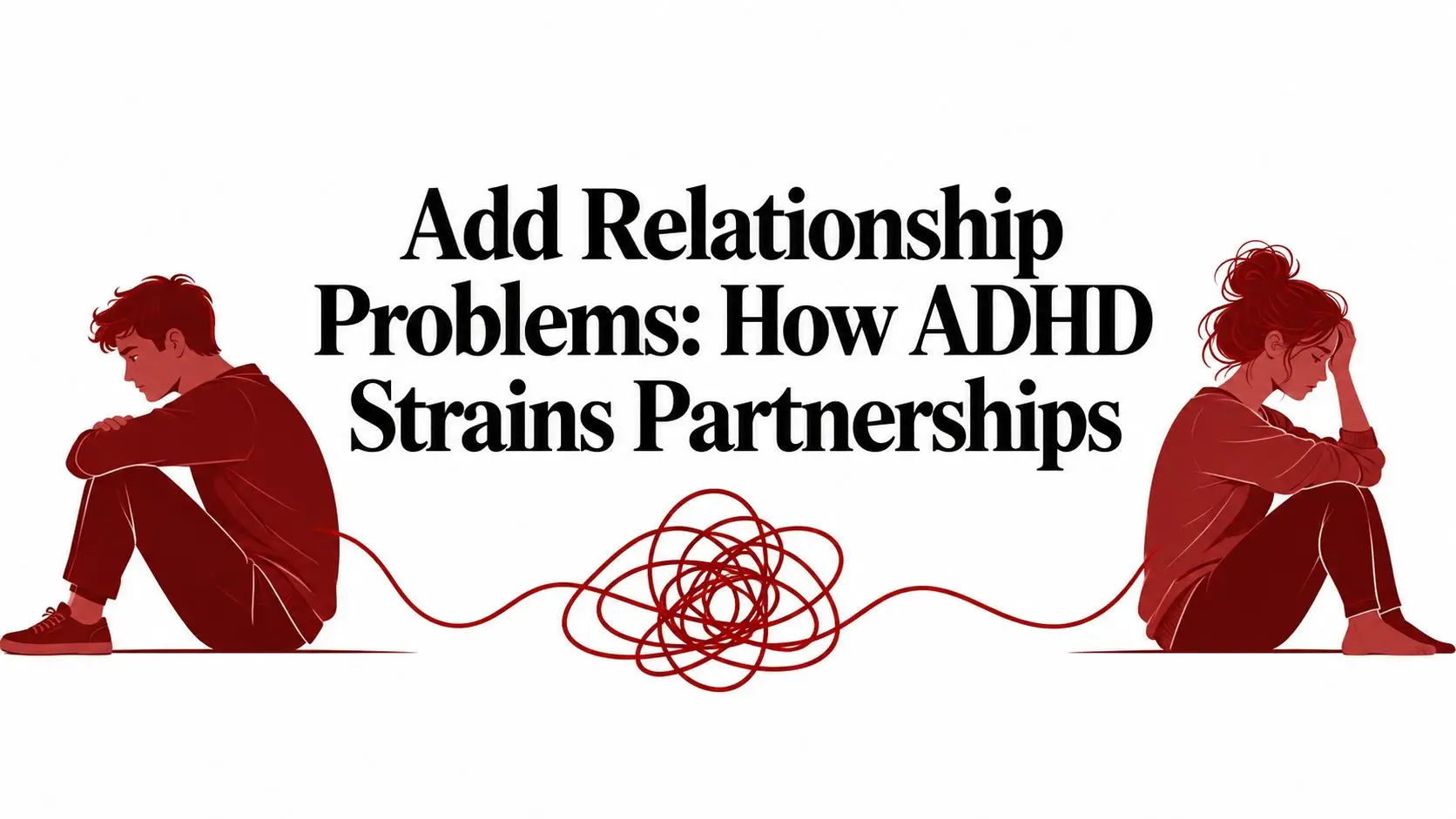 Headline about ADHD straining relationships with a man and woman sitting apart at left and right, tangled red line between them symbolize communication issues