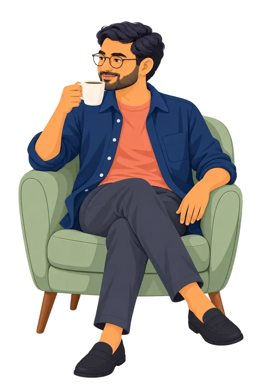 Illustration of a man seated in an armchair holding a cup of coffee, facing left
