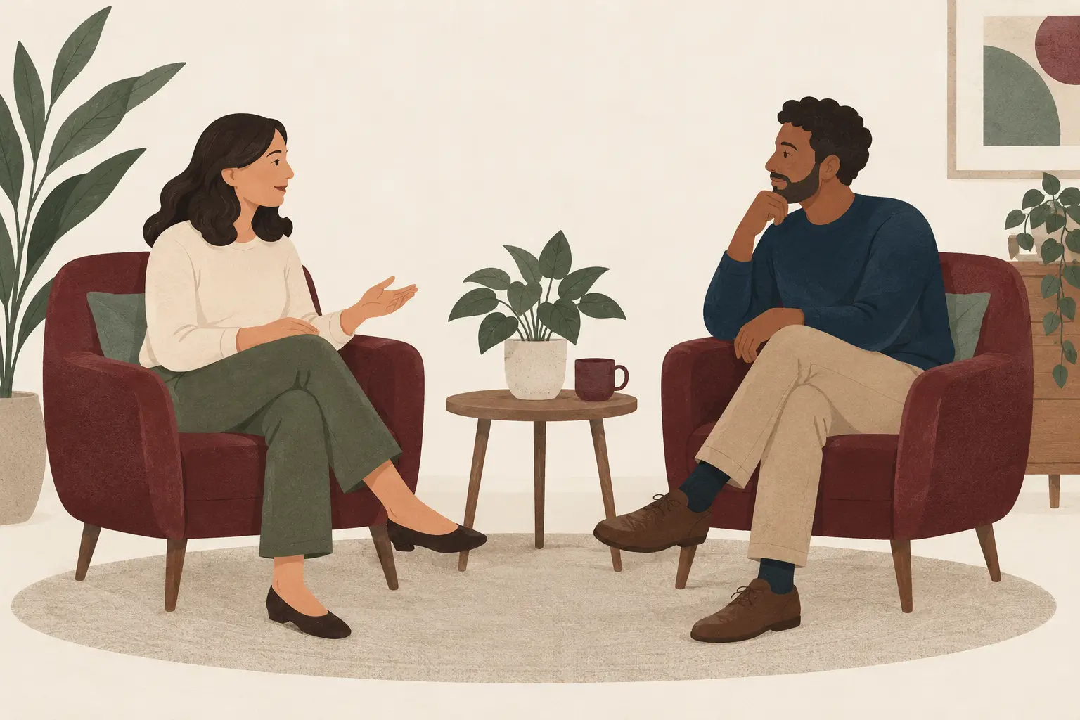 Editorial illustration of two adults having a calm conversation in armchairs.