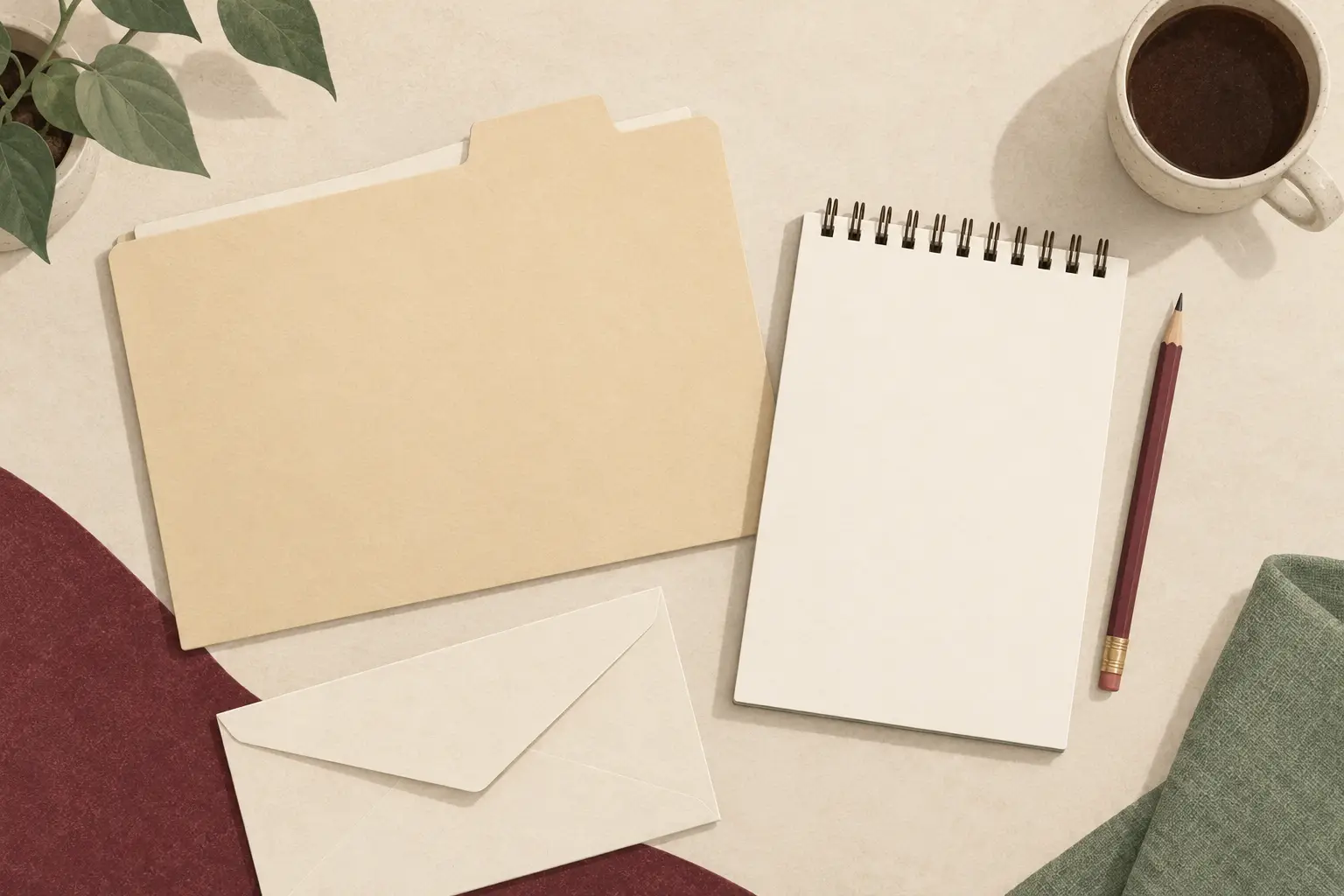 Editorial illustration of a folder, envelope and blank notepad.