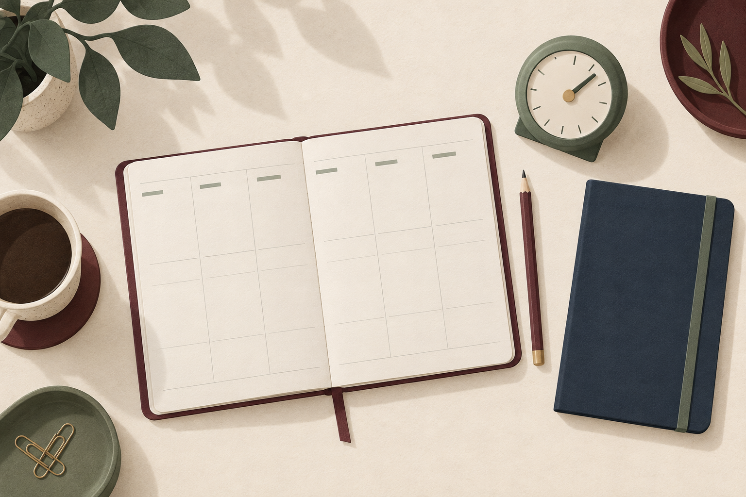 Editorial illustration of a blank planner, notebook and timer on a desk.