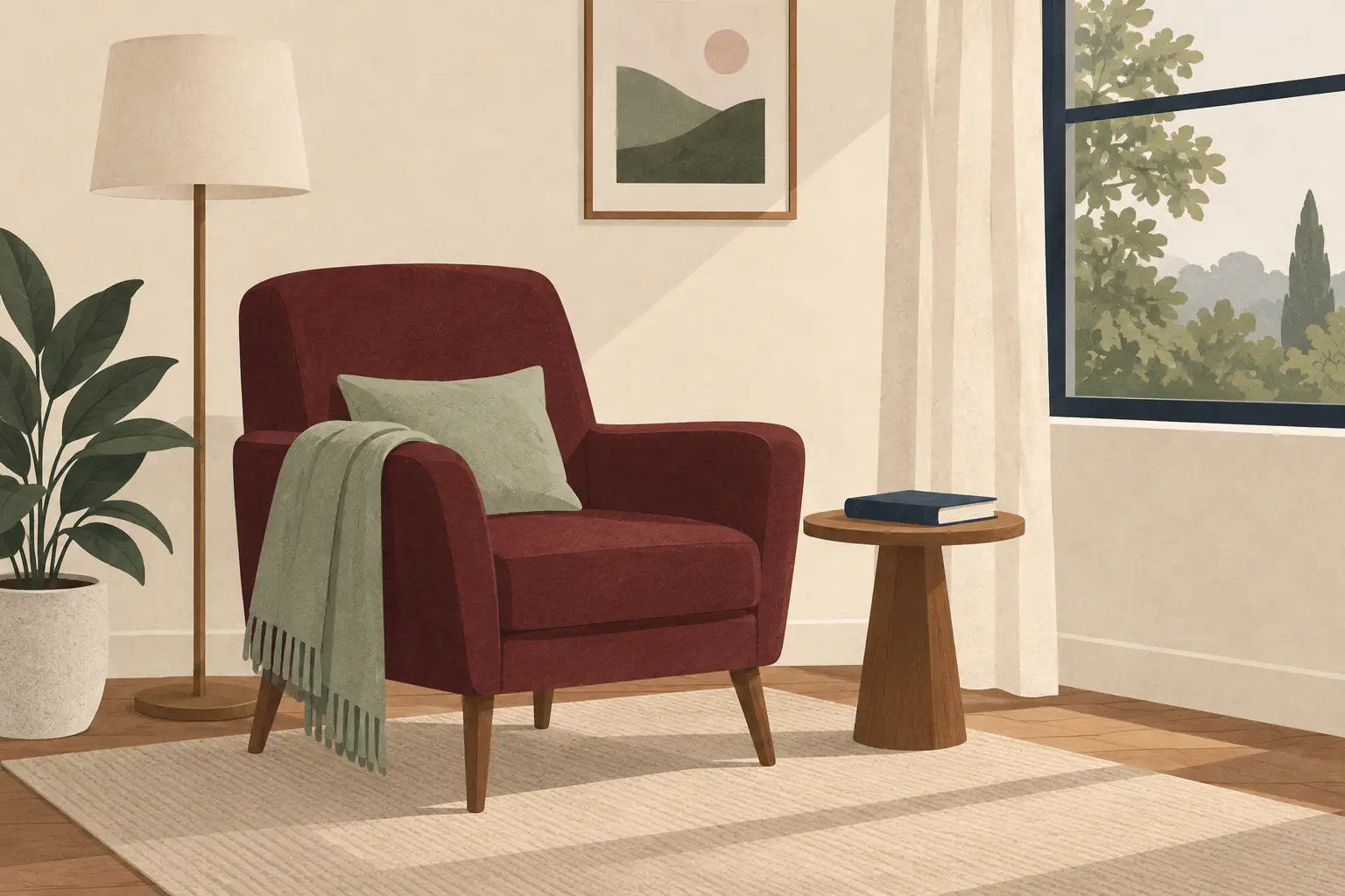 Editorial illustration of a quiet reading chair beside a window.