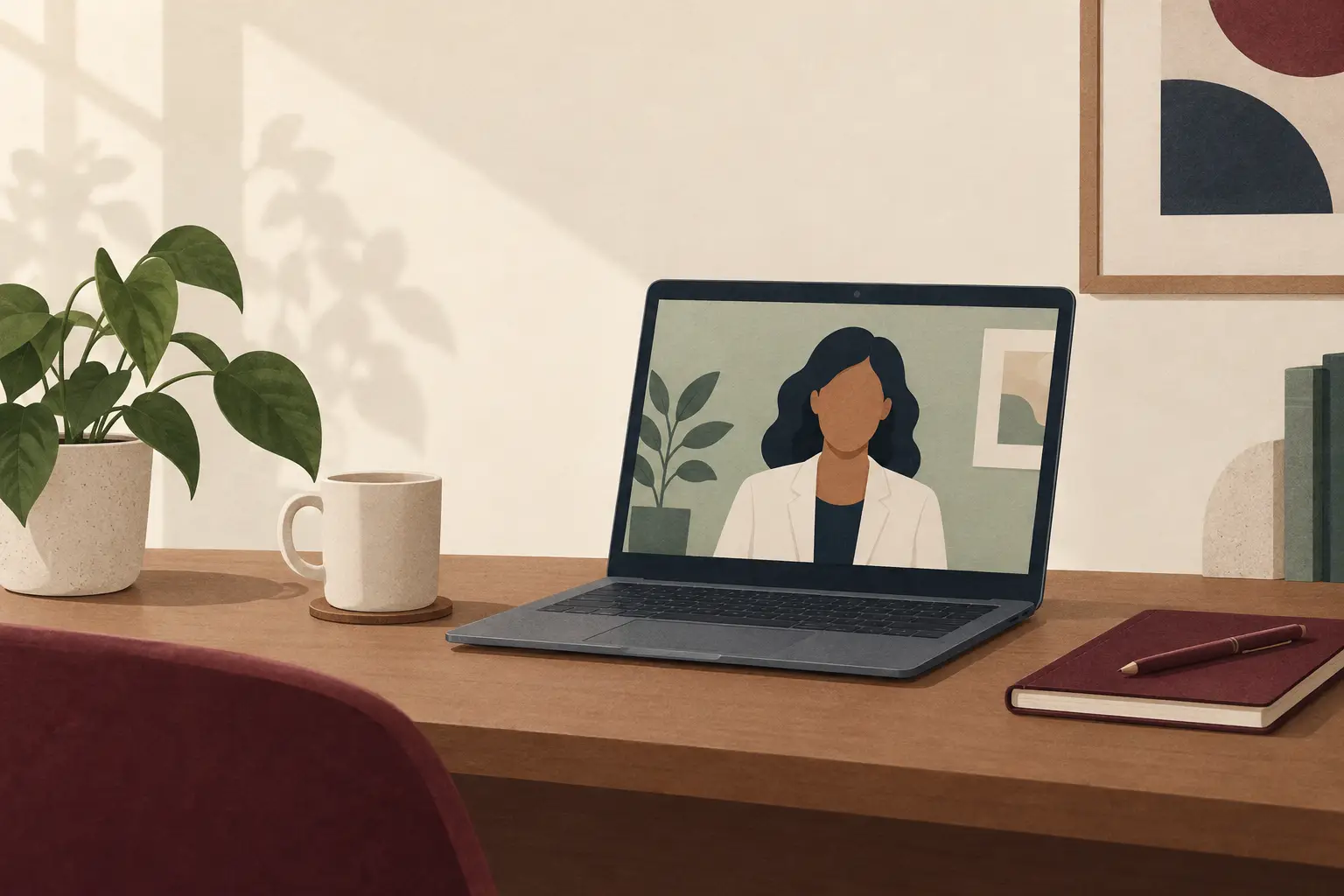 Editorial illustration of a laptop video consultation on a quiet desk.