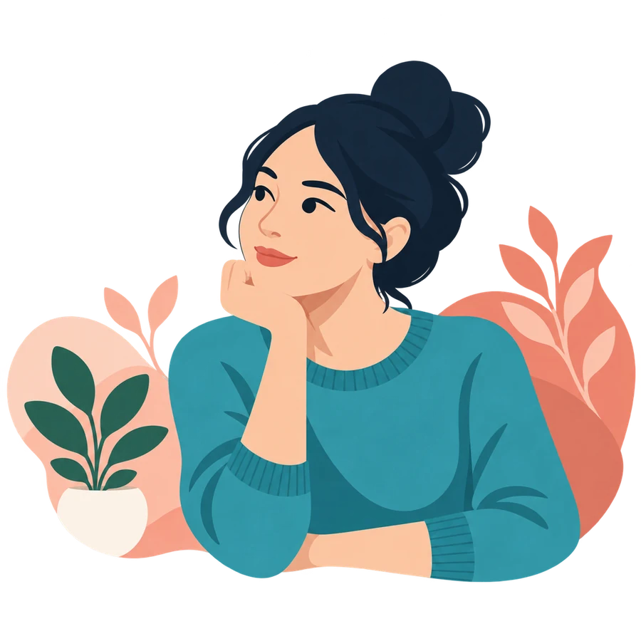 Illustration of a woman reflecting on her experiences, surrounded by softly rounded peach shapes