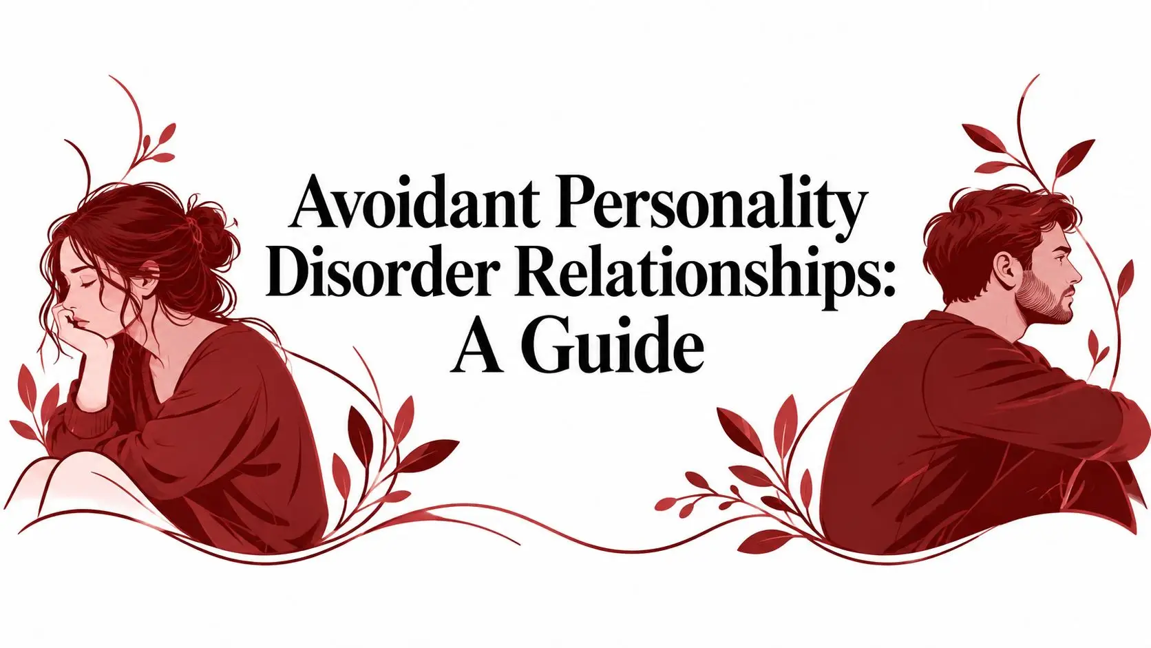 Banner with a sad woman on the left and a thoughtful man on the right in red tones and vines, centered title: 'Avoidant Personality Disorder Relationships: A Guide'.