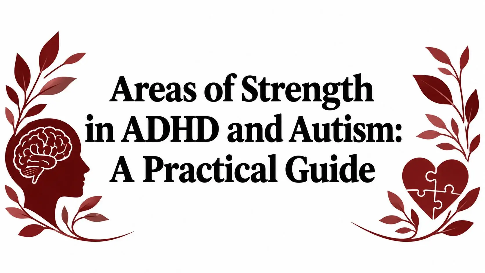 Title banner: Areas of Strength in ADHD and Autism — A Practical Guide, with a maroon brain silhouette on the left and a puzzle-heart motif on the right.