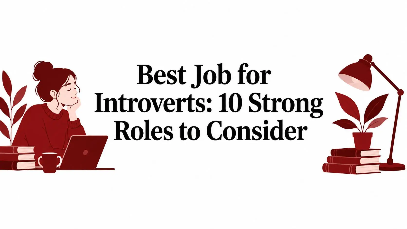 Banner headline: 'Best Job for Introverts: 10 Strong Roles to Consider' with a left-side illustration of a person at a laptop and books, and a right-side desk lamp and plant.