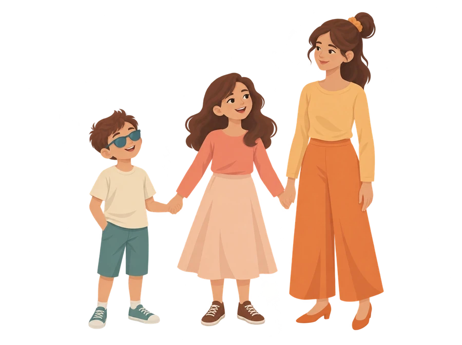 Illustration of children and a teen holding hands