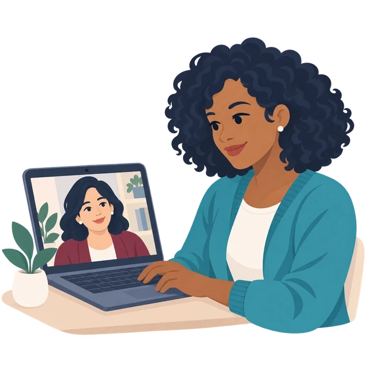 Woman with shoulder-length natural curls in a telehealth evaluation with a psychologist