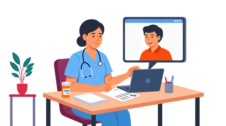 Illustration of a patient receiving medication guidance through a telehealth consultation