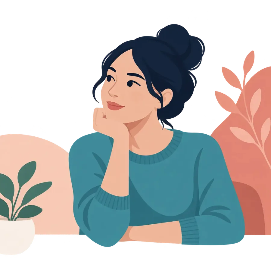 Illustration of a woman reflecting on her experiences before an ADHD or autism evaluation
